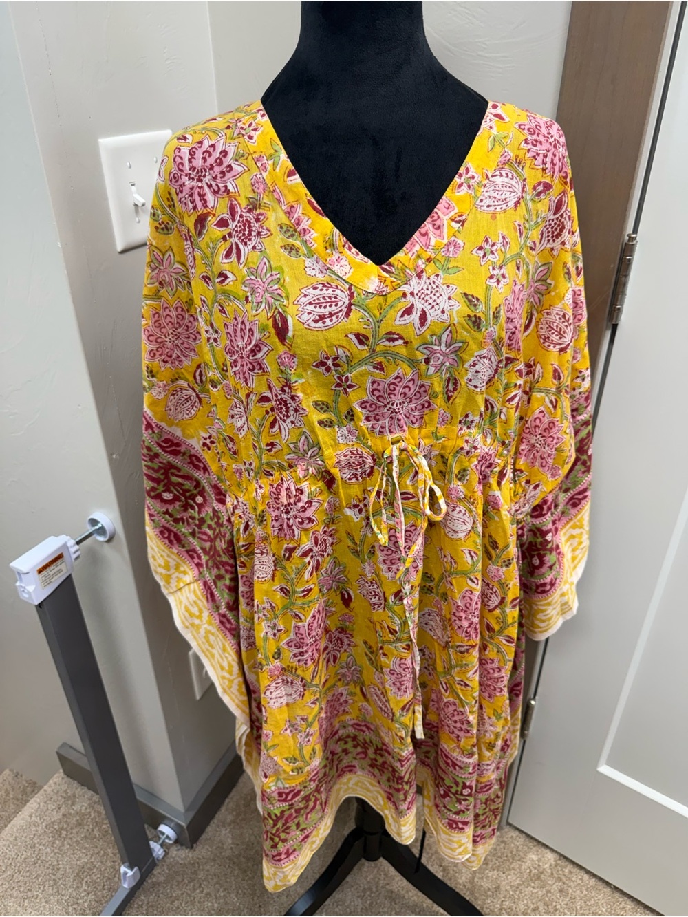 holicow Yellow Floral Kaftan Muslin Cotton Boho Indian Dress Flowy Tie Waist L